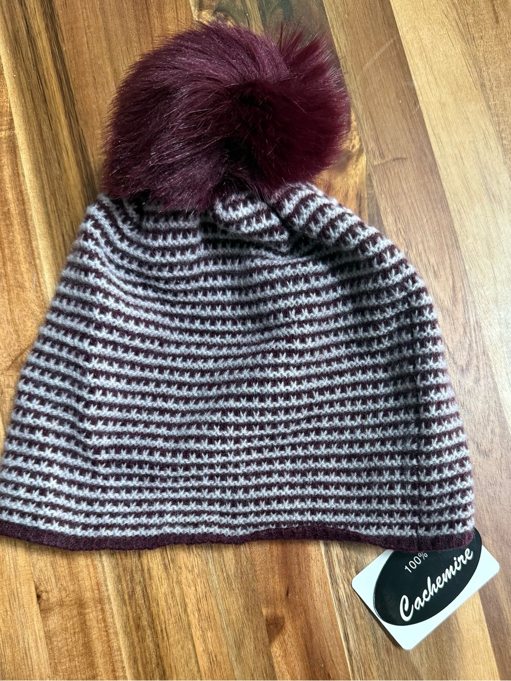 Portolano Burgundy and Cream Striped Cashmere Pom Beanie
